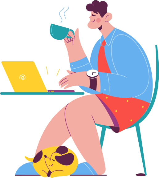 guy at his latop drinking a cup of coffee while working remotely
